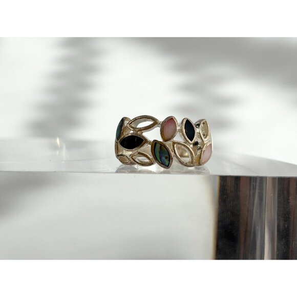 Multi Gemstone Abalone, MOP & Black Onyx 925 Sterling Vintage Ring - sz 6 - Picture 7 of 12